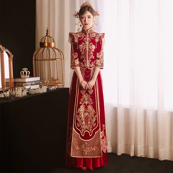 Облекло на булката, винтажное червено велюровое ципао, сложна бродерия с пайети, сватбена рокля в китайски стил, сватбен костюм