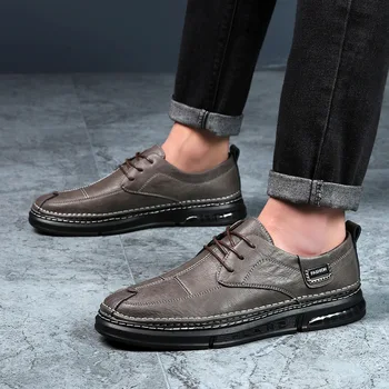 Обувки от естествена кожа, мъжки обувки, водоустойчива дишаща мъжка черна британска спортна бизнес официалната ежедневни обувки на равна подметка за шиене