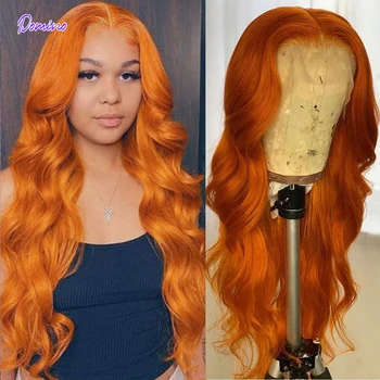 Оранжево-червен перука на дантели, човешка коса, обемна вълна, перука на дантели, цветни перуки, изработени от човешка коса за жени 28-30 см