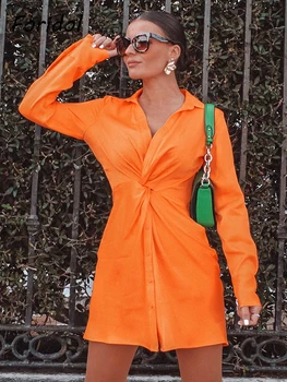 Отложная пуговица с лък orange офис пролетно-лятна риза, атласное рокля, късо ежедневна рокля с дълъг ръкав 2023, дамски копринен халат, Vestidos
