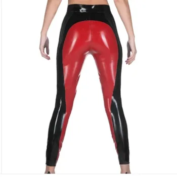 Панталони от латекс, черно с червен гумен гащеризон, дамски тесни панталони