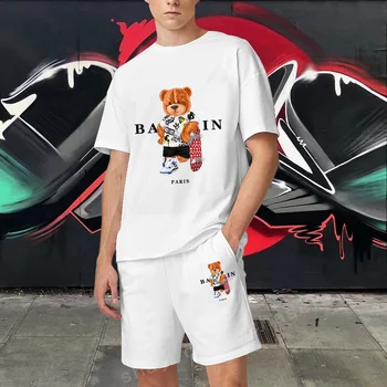 Парижката мъжки луксозен памучен тениска с изображение на мечка, шорти, дизайнерски дрехи Унисекс Оверсайз, качествени летни къси комплекти, модни костюми