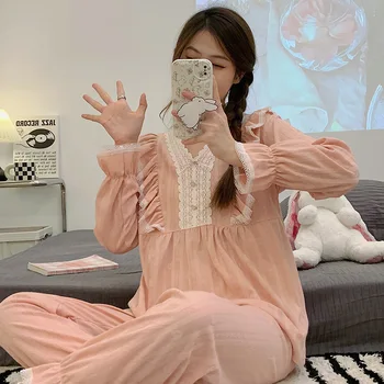 Пижами женски сладък дантелен комплект за домашно облекло с дълги ръкави може да се носи отвън