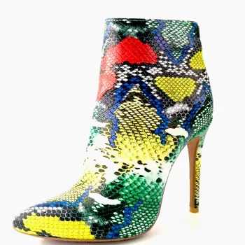Пикантни Многоцветни Ботильоны от кожа на Питон, Пролетни Дамски Обувки на висок ток-висок ток, Обувки-Гладиатори, Многоцветни Mujer Zapatos, Ботфорты