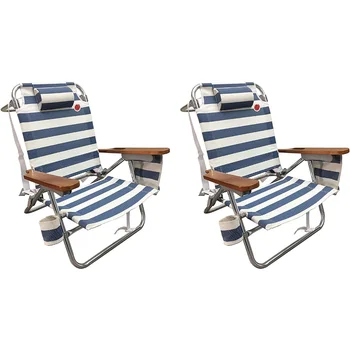 Плажен стол от полиестер / дърво/ Алуминий / Стомана в 5-позиционна опаковка, синьо-бяла, с тегло от 9 килограма, 26,80x26,40x31,50 инча