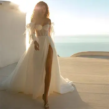Плажни сватбени рокли с цепка отстрани, подвижни бели сватбени рокли с дълги буйни ръкав, дамски рокли, Vestidos De Новия 2023