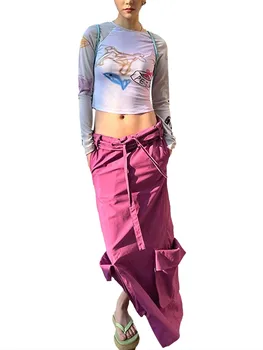 Пола-карго свободно намаляване с завязками и джобове, монофонични цвят, стил Y2K, лятна градинска облекло в стил гръндж, дамска мода