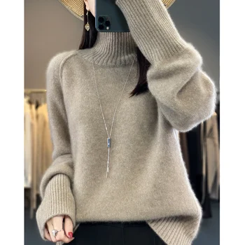Поло от 100% чиста вълна, дебели женски пуловер, пуловер, есен и зима 2023, новата модерна риза свободно намаляване.