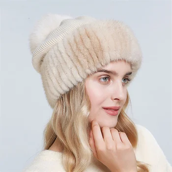 Популярната женска кожа шапка в руски стил, зимни луксозна вълнена вязаная шапка, модни естествена топло норковая капачка, мека удебелена плюшен капачка