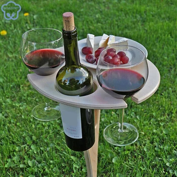 Портативен винен масичка на открито, сгъваема винарска масичка за пикник, дървена кръгла маса, комплекти от мебели за плаж и градина за пътуване