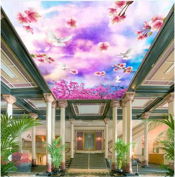Потребителски снимки на 3d таван стенописи тапети декор на Розови цветя и бели гълъби в небето 3d стенописи тапети за хола