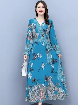 Пролет-есен ежедневното плажна рокля с дълъг ръкав 2023, елегантна дебнещ вечер женско синьо шифоновое рокля с V-образно деколте в цветенце, модерно рокля midi в стил бохо