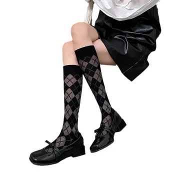 Пролет-лято тънки дамски чорапогащи с двойна игла, британската реколта модни обувки с дрямка, лък, Black White Sox New
