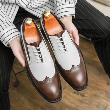 Пролетно бизнес кожени обувки дантела, цветно заключване, официални обувки-oxfords, обувки за сватба, офис кариера, мъжки обувки PX077