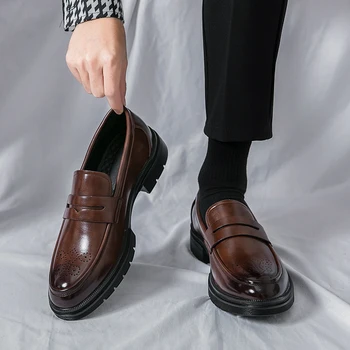 Пролетно Луксозни и Ежедневни обувки на дебела подметка, Мъжки Черни лоферы-пени, мъжки Кафяви Бизнес Офис Модела Обувки за Mentênis masculino