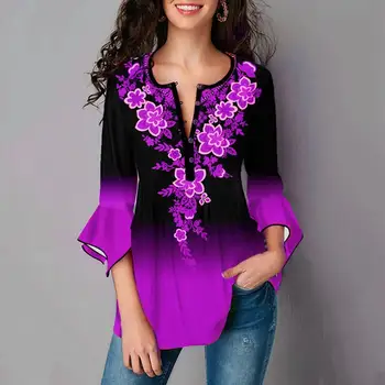 Пуловер с принтом, блуза с градиентным цветен принтом, тениска с нередовни изгорени ръкави и копчета, есенна блуза, реколта риза