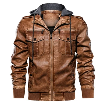 Размерът на ЕС, най-новите мъжки кожени якета есен-зима, реколта мотоциклетът кожено яке с джобове, мъжко байкерское палто с качулка