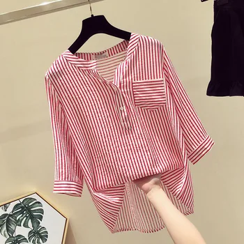 Раирана риза дамски Нова лятна шифоновая свободна блуза с V-образно яка, ежедневни модни тениски с дълъг ръкав три четвърти за момичета, H9006