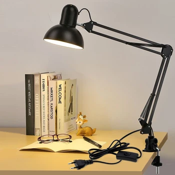 Регулируема настолна лампа E27, Лампа EU Plug светодиодна настолна лампа за украса на офиса, осветление за четене, кабинет, спалня, дневна
