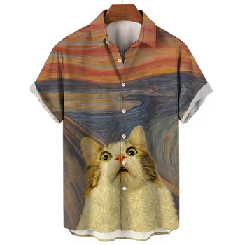 Ризи с животни за мъже, hoody с 3d принтом котка с блажна боя, hoody за плажни партита, ежедневни мъжки дрехи с къс ръкав, свободна риза оверсайз