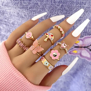 Розов акрилен комплект пръстени с пеперуда за жени, кристален емайл, гъби, пръстени с цветя Ин-Ян, модни бижута за момичета
