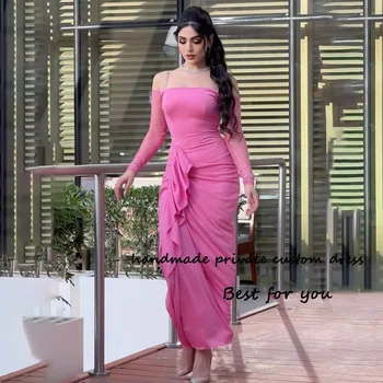 Розови вечерни рокли на Русалка на тънки спагети презрамки с гънки, атласное женствена рокля за сватбени партита, Дубайские арабски рокли, костюми с дължина до глезена