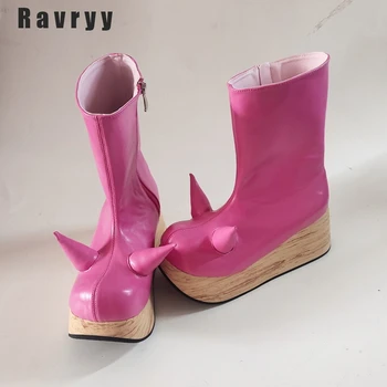 Розови Дамски ботуши Little Devil на висок ток от естествен дървен нескользящая обувки на платформа с дебела подметка, Лятна мода 2023 година, Високи обувки рокерские