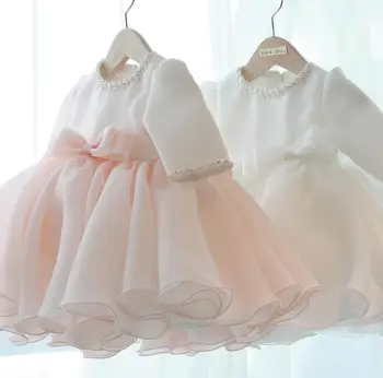 Рокли за малки момичета с дълги ръкави, мъниста, лък, рокля за кръщението на принцеса сватбена рокля за парти в чест на рождения ден на 1 година, дрехи за кръщаване на детето