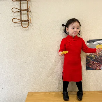Рокля-пуловер Ципао за момичета, зимни утепленная детска червена коледна дрехи, бебешки дрехи за празнуване Чонсам в китайски стил