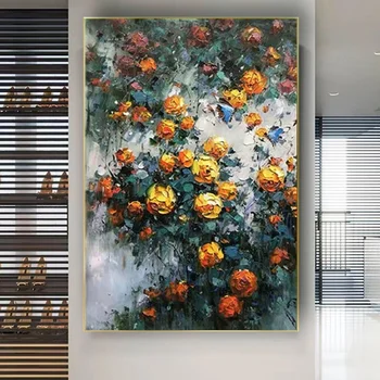 Ръчно рисувани тропически цветя Живопис с маслени бои Модерни абстрактни цветя Платно плакат 3d стенно изкуство Картина за вашия интериор, хол на Открито