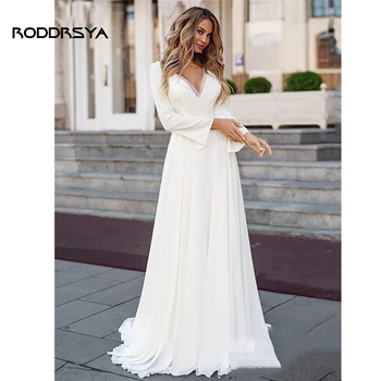 Сватбена рокля RODDRSYA Boho, шифоновая илюзия отзад, с дълъг ръкав, 2023, прости апликация с V-образно деколте и колан за булчински рокли, винтажное богемное