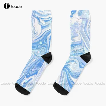 Светло сини чорапи с художествен принтом цветове мрамор и плодове, ретро цветя модел, персонални Унисекс чорапи за възрастни, юноши и младежи на поръчка