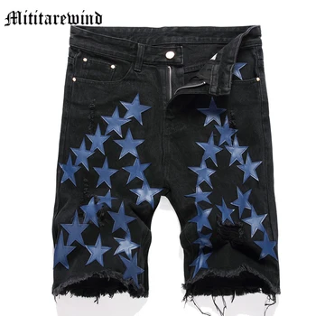 Свободни преки мъжки дънкови къси панталони с бродерия сини звезди, нови летни панталони с дължина до средата на кръста, до коленете, хип-хоп, черно, универсален, младежки