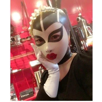 Секси латекс, гума качулка, сплайсированная маска с кружевными перуки, маска камериерка в голям размер, за ръчна работа за жени
