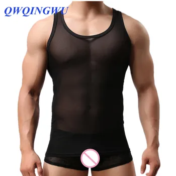Секси мъжка жилетка от еластична мрежа, дишаща мрежа, секси мъжки прозрачни ризи без ръкави, елек