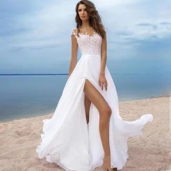 Секси плажна рокля сватба в стил бохо, шифоновые сватбени рокли трапецовидна форма с цепка отстрани, дантелен топ, дълъг ръкав, рокля на булката за жени, сшитое по поръчка