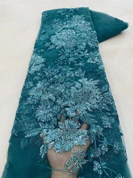 Сини луксозна африканска лейси плат от тежки мъниста 2023 високо качество на 5 ярда от Нигерийски пайети тюл 3D тъкан Материал за сватба