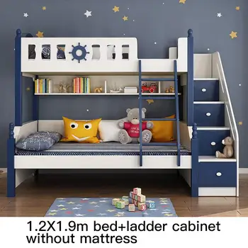 Синя двуетажно легло с пързалка в скандинавски стил, модерни мебели за малък апартамент, детска двупластова с чекмеджета, подходяща