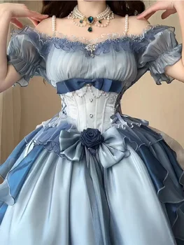 Синя рокля на принцеса с цветя модел, женски сватбена рокля, пищни принцеса рокля в стил Лолита, костюми за cosplay, анимация