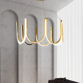 Скандинавска златна led таван полилей в стил постмодерното минималистичен за хол, спалня, ресторанта, висящ лампа за вътрешно осветление