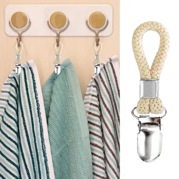 Скоба за кърпи с плетени памучни линия с метален клипс Многофункционална тъканта, закачалка за окачване на дома, баня, кухня, папки за съхранение на колела
