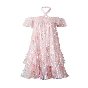 Сладка розова бална рокля с пайети и волани за момичета, рокля с открити рамене, лятно сетчатое плажна рокля за парти