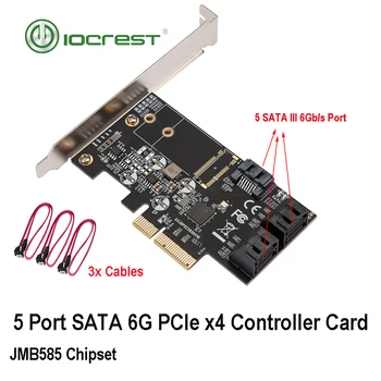 Слот IOCREST PCIe Gen3 x4 5 порта SATA III 6 Gb/сек, който не е Raid-контролер, поддържа чипсет JMB585, щепсела и да играе с 3 кабели