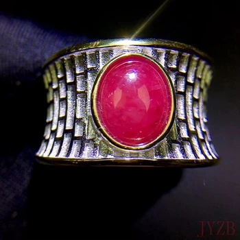 Сребро 925 проба Проста атмосфера широко пръстен Стенно стилно 7x9 мм 100% естествена пръстен с бирманским рубин подарък