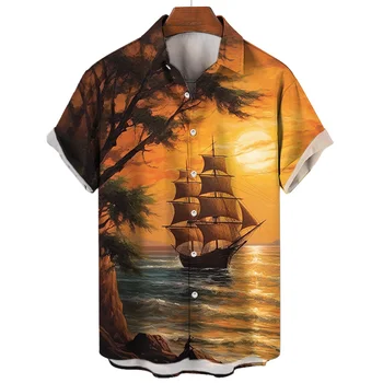 Средновековен Кораб Модел Хавайска Риза С Къс Ръкав Летни Дрехи Мъжка Мода 2023 Негабаритная 3D Печат Dazn Мъжки 2023