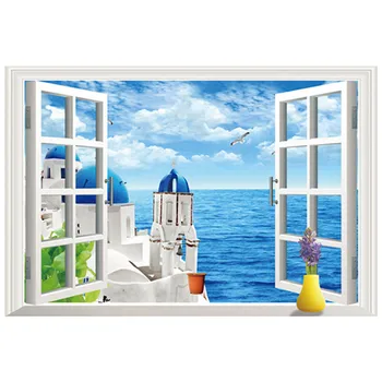 Стенопис с изглед към Егейско море, Гърция, пейзаж Санторини, фалшиви 3D прозорци, винилови стикери за стена, декорация на дома, пейзаж, тапети 90*60 см