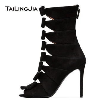 Стилни дамски обувки с възел на висок ток-висок ток, обувки до средата на прасците с отворени пръсти, дамски елегантни обувки за вечерна рокля, черни обувки голям размер
