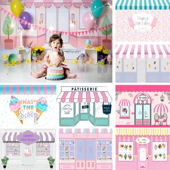 Тематичен магазин за сладолед и десерти, фон за снимки на рожден ден, плакат, украса на шоколади, розов фон, маса за торта за новородено, фотобудка