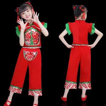 Традиционен класически танцов костюм Hanfu Yangko за момичета, детски танцови костюми с червен фен и чадър, танцови за националния фестивал