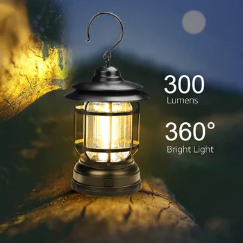 Уличен фенер за къмпинг, захранван с батерии тип АА, мулти-функция на авариен лампа в стил ретро COB, 360 ° покритие, 600 лумена, конче лампа